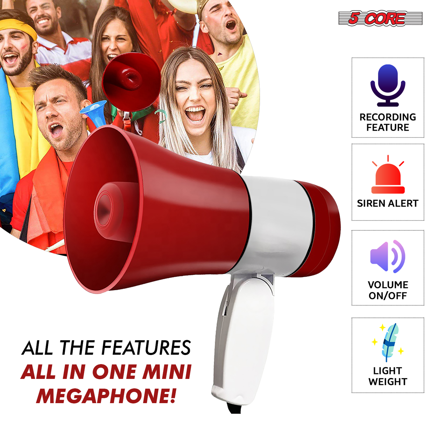 5 Core Megaphone Bullhorn Speaker 30W Bull Horn Rechargeable Cheer Megafono 800 Yards-4