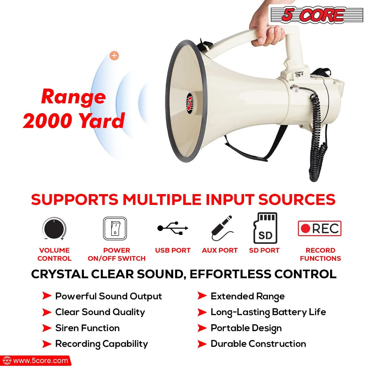 5Core Megaphone Bullhorn Speaker 100W Bull Horn Cheer Megafono 2000 Yards Range Loudspeaker W Siren-4