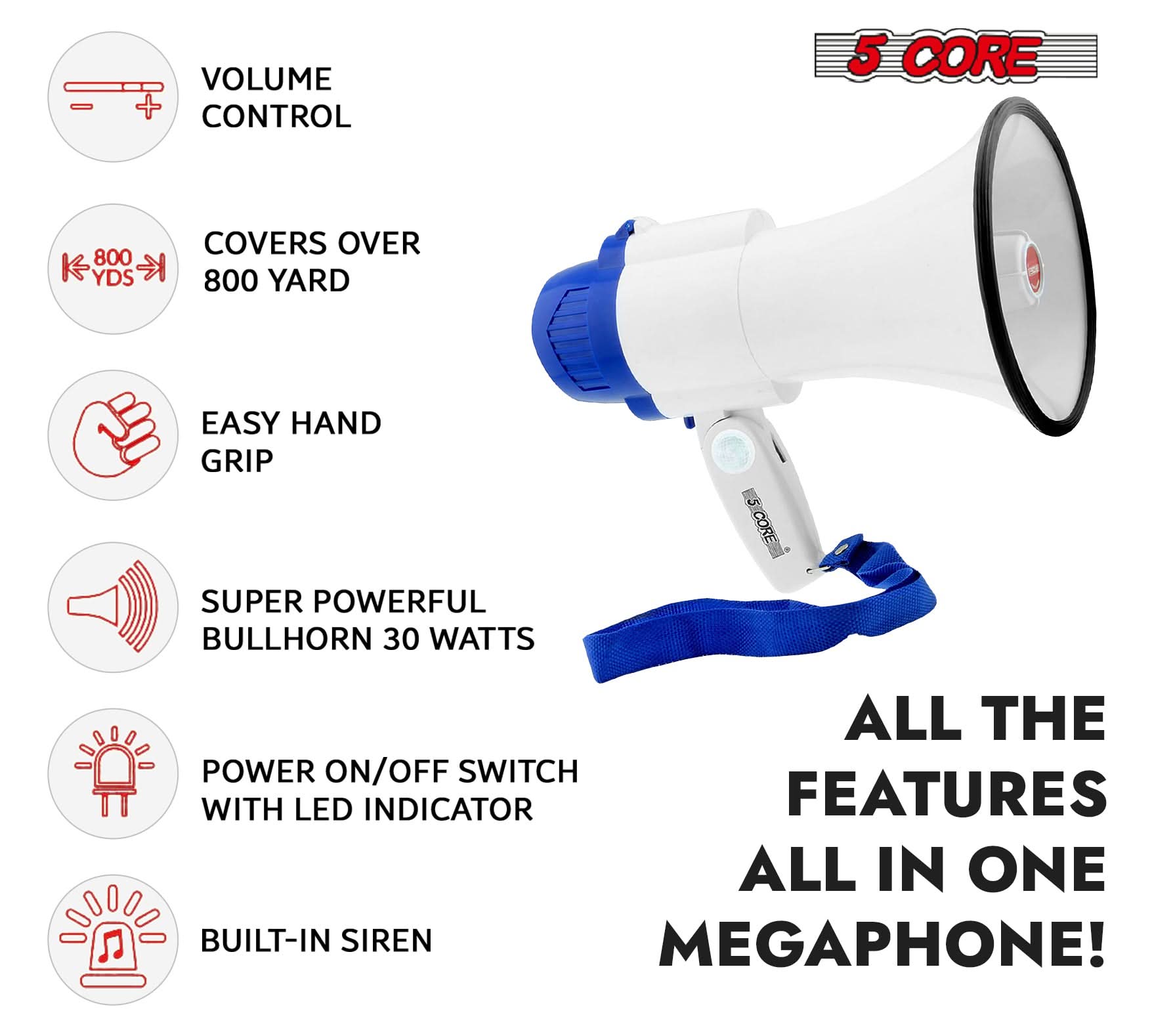 5Core Megaphone Bullhorn Speaker 30W Mini Bull Horn Battery Power Megafono 800 Feet-3