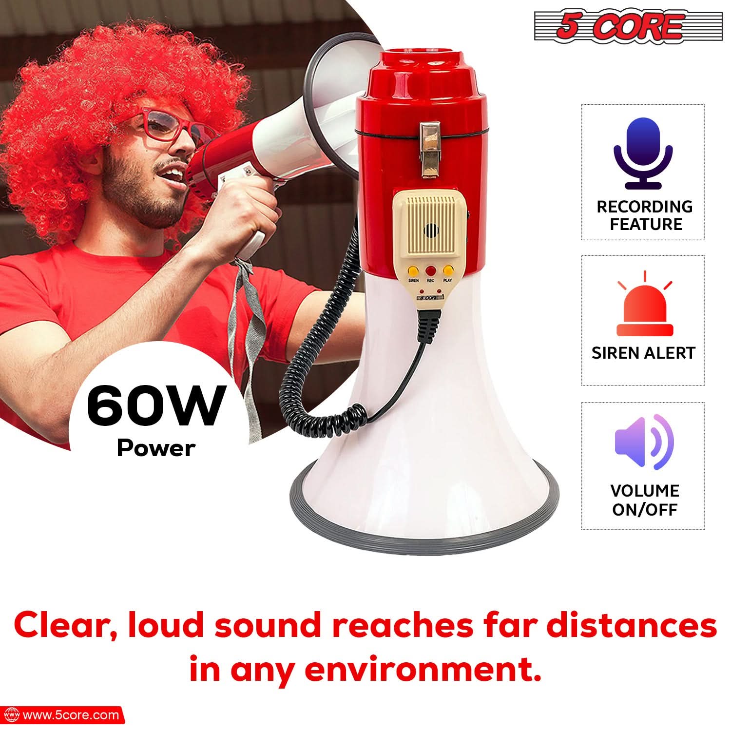 5Core Megaphone Bullhorn Speaker Pro 60W Bull Horn Non Rechargeable Cheer Megafono-1