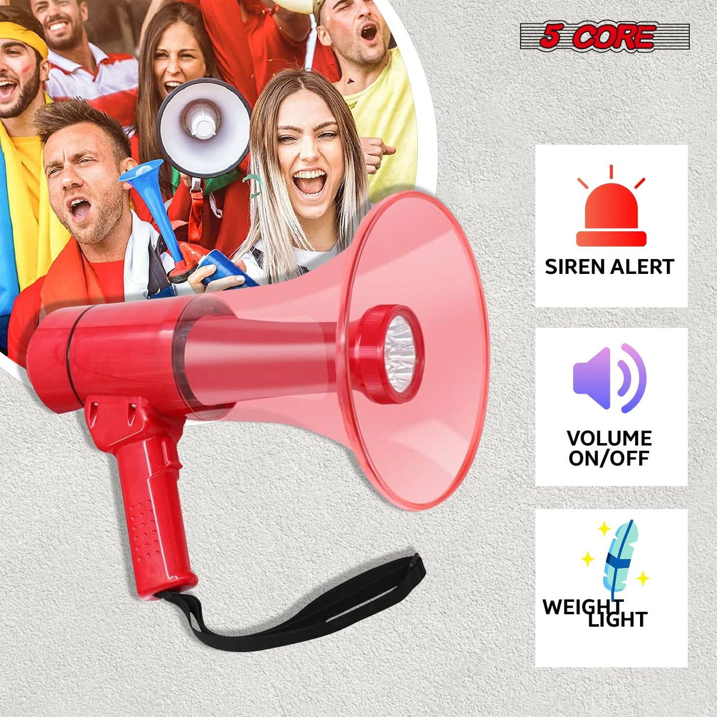 5Core Megaphone Bullhorn Speaker w Siren LED Light Adjustable Volume Bull Horn-1