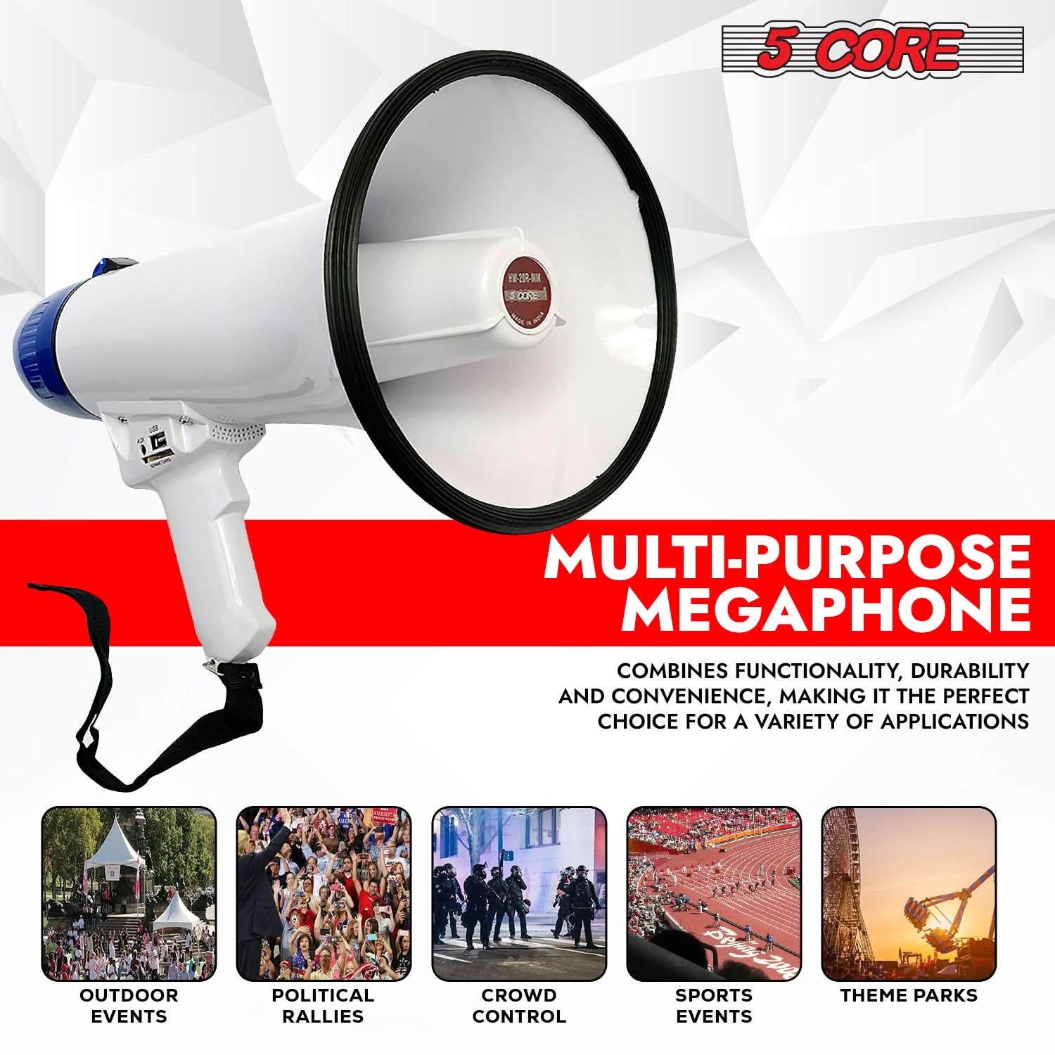 5Core Megaphone Bullhorn Speaker 20W Bull Horn Battery Power Cheer Megafono Loudspeaker USB-2