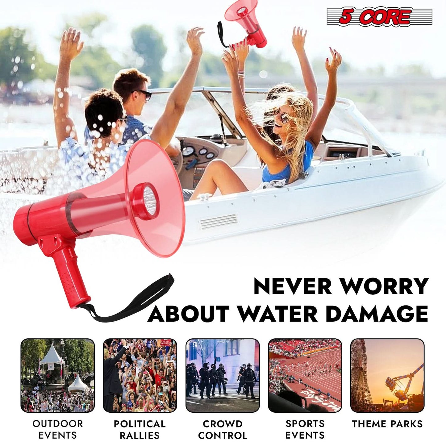 5Core Megaphone Bullhorn Speaker w Siren LED Light Adjustable Volume Bull Horn-3