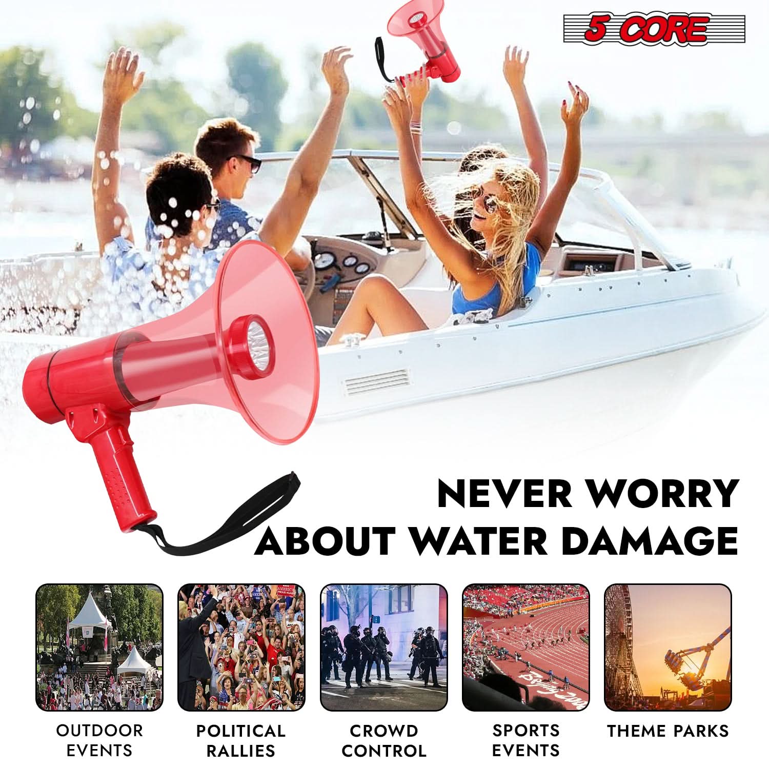 5Core Megaphone Bullhorn Speaker w Siren LED Light Adjustable Volume Bull Horn-3