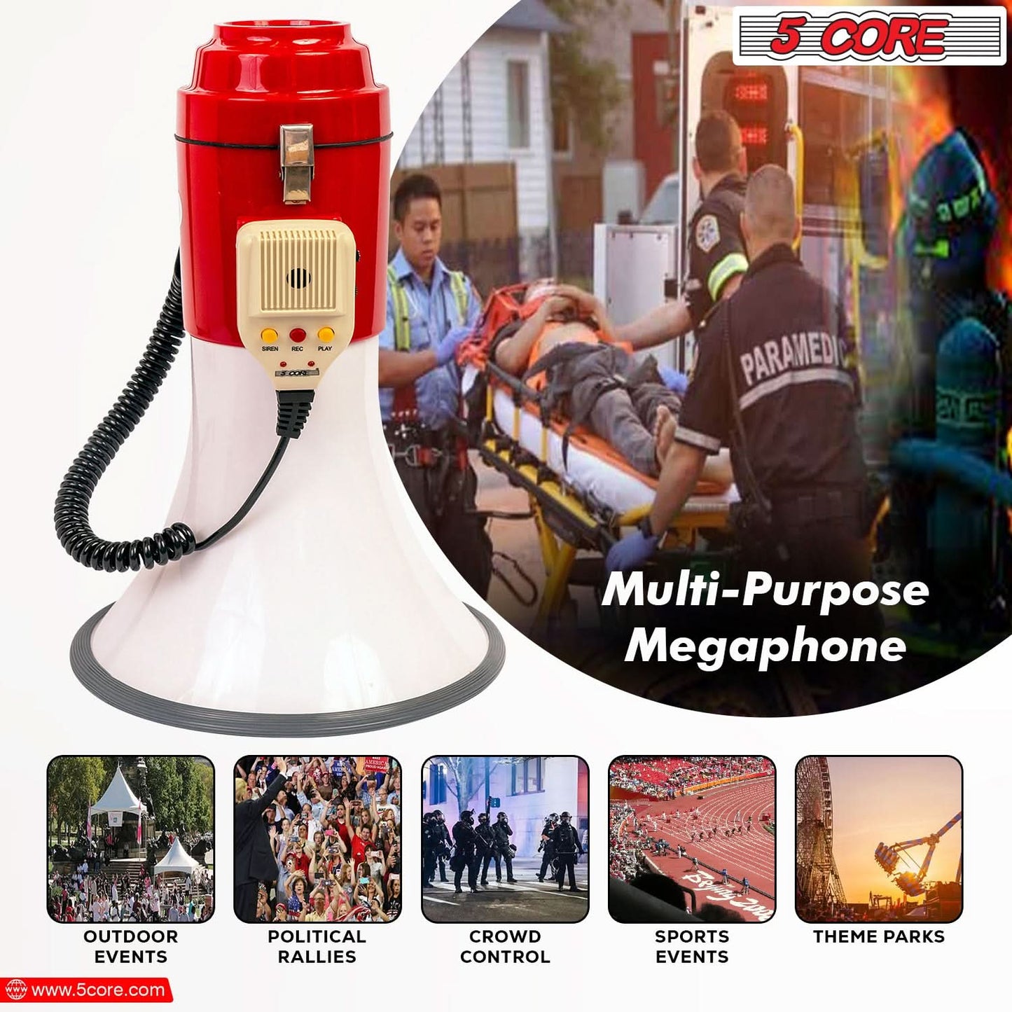 5Core Megaphone Bullhorn Speaker Pro 60W Bull Horn Non Rechargeable Cheer Megafono-3