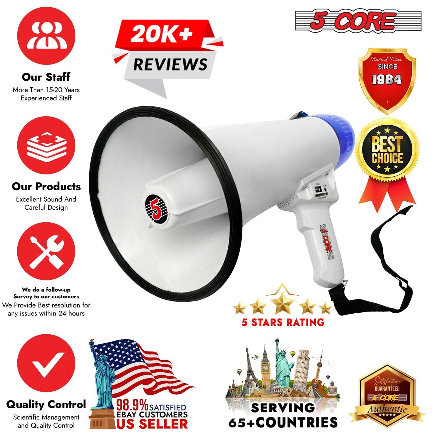 5Core Megaphone Bullhorn Speaker 20W Bull Horn Battery Power Cheer Megafono Loudspeaker USB-3