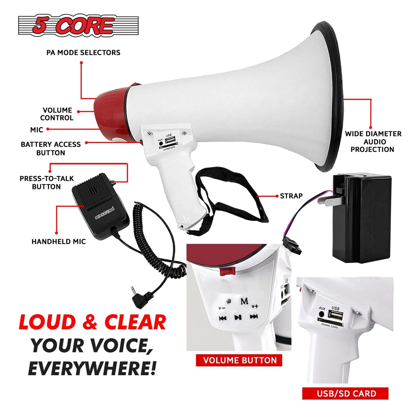 5Core Megaphone Bullhorn Speaker 50W Bull Horn Rechargeable Cheer Megafono 300 Meter-4