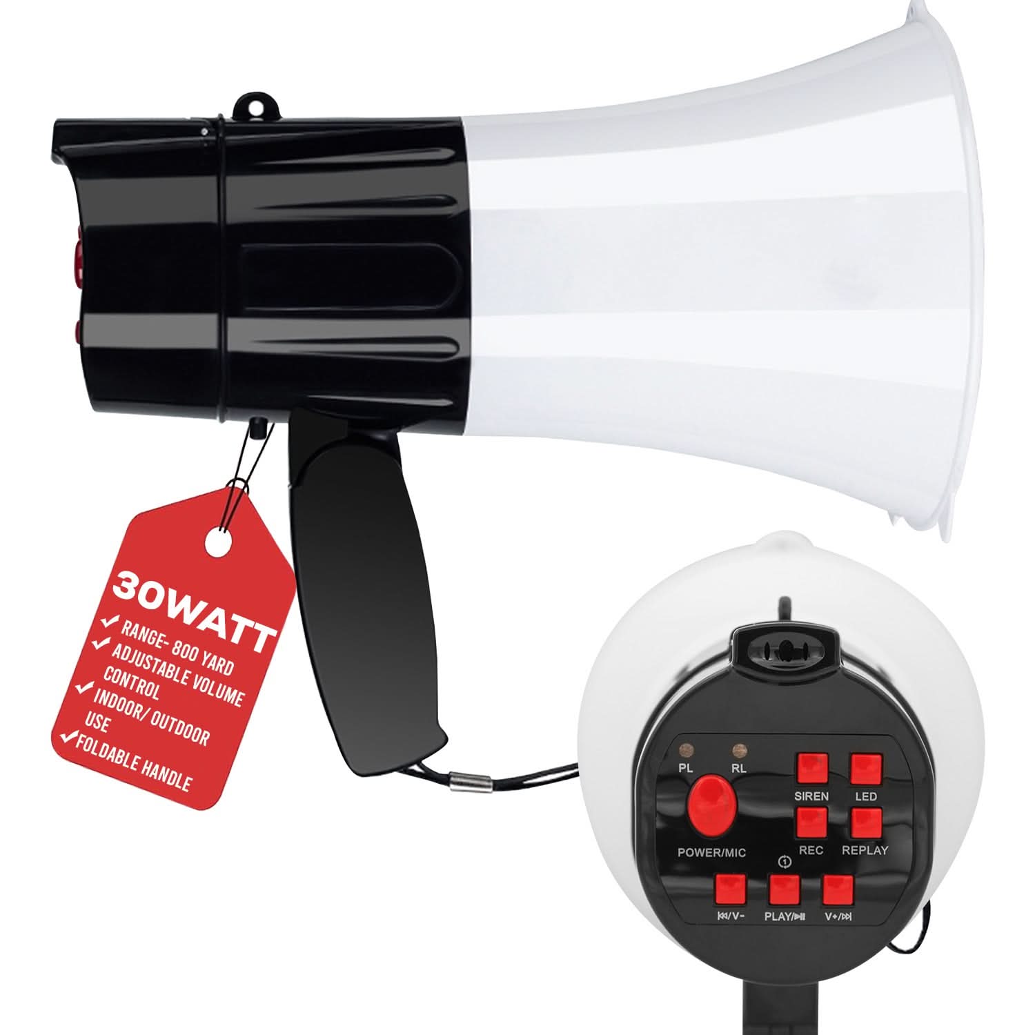 5Core Megaphone Bullhorn Speaker 30W LED Bull Horn Battery Power Cheer Megafono 800 Yard-0