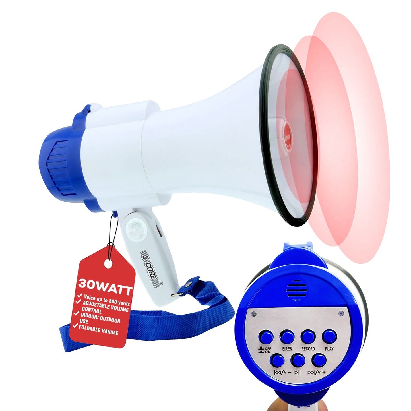 5Core Megaphone Bullhorn Speaker 30W Mini Bull Horn Battery Power Megafono 800 Feet USB BATTERY-0