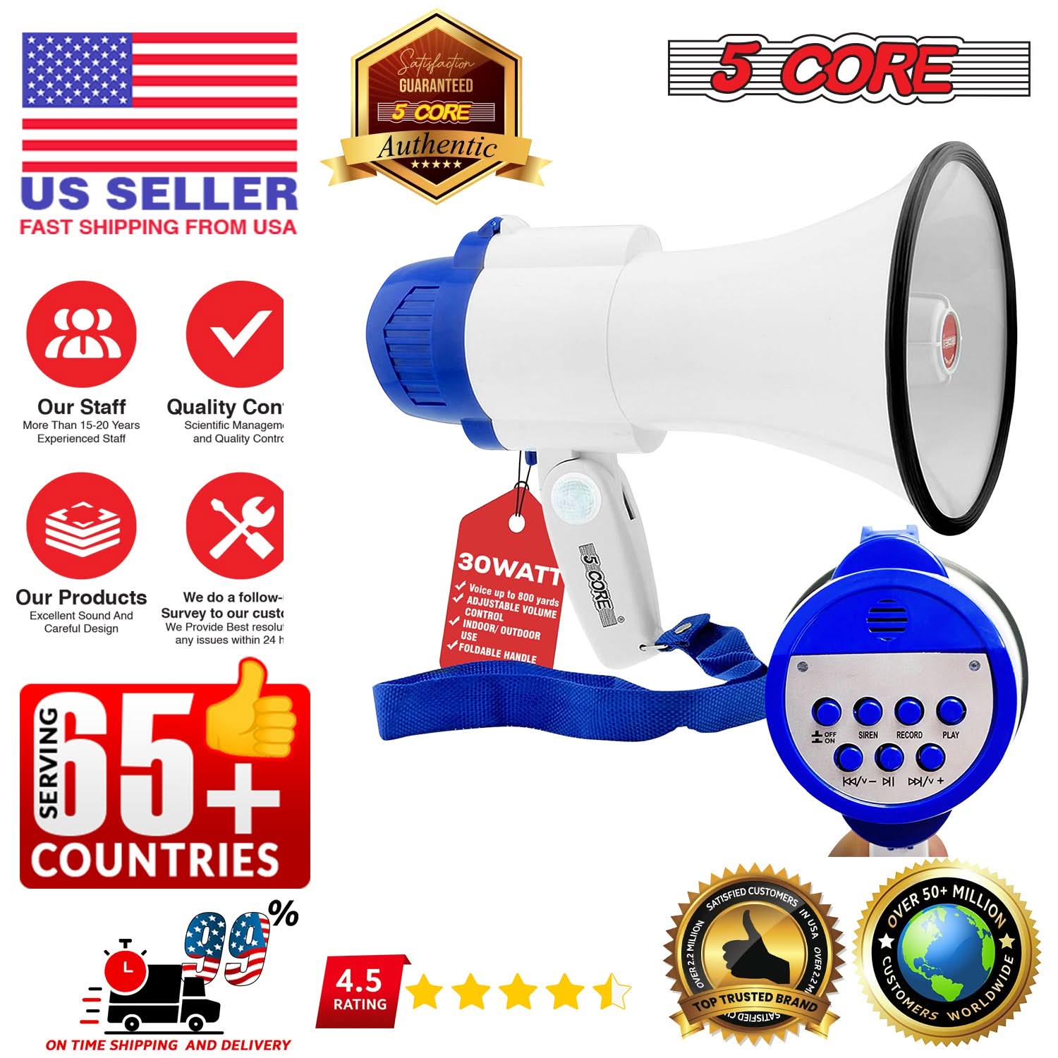 5Core Megaphone Bullhorn Speaker 30W Mini Bull Horn Battery Power Megafono 800 Feet-1