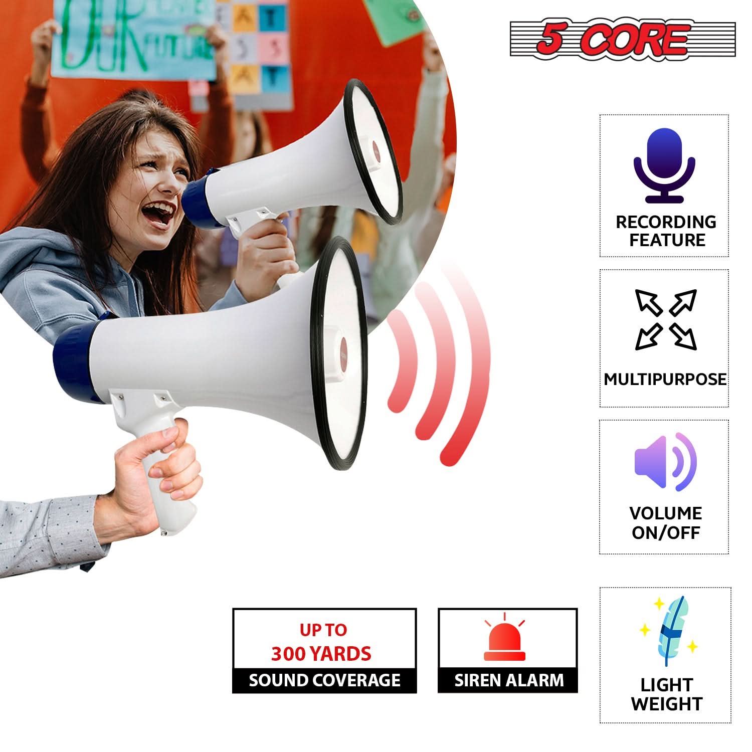 5 Core Megaphone 20W Bull Horn 300 Yard Range w Loud Siren Portable Volume Control Voice Amp Horn-2