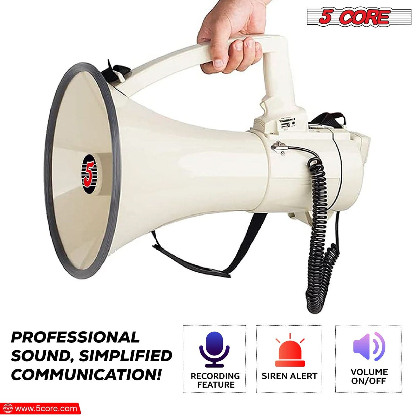 5Core Megaphone Bullhorn Speaker 100W Bull Horn Cheer Megafono 2000 Yards Range Loudspeaker W Siren-3