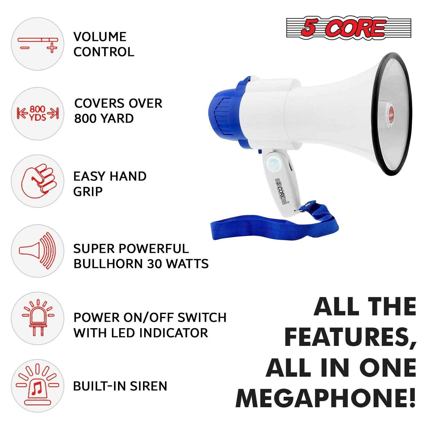 5Core Megaphone Bullhorn Speaker 30W Mini Bull Horn Battery Power Megafono 800 Feet USB-1
