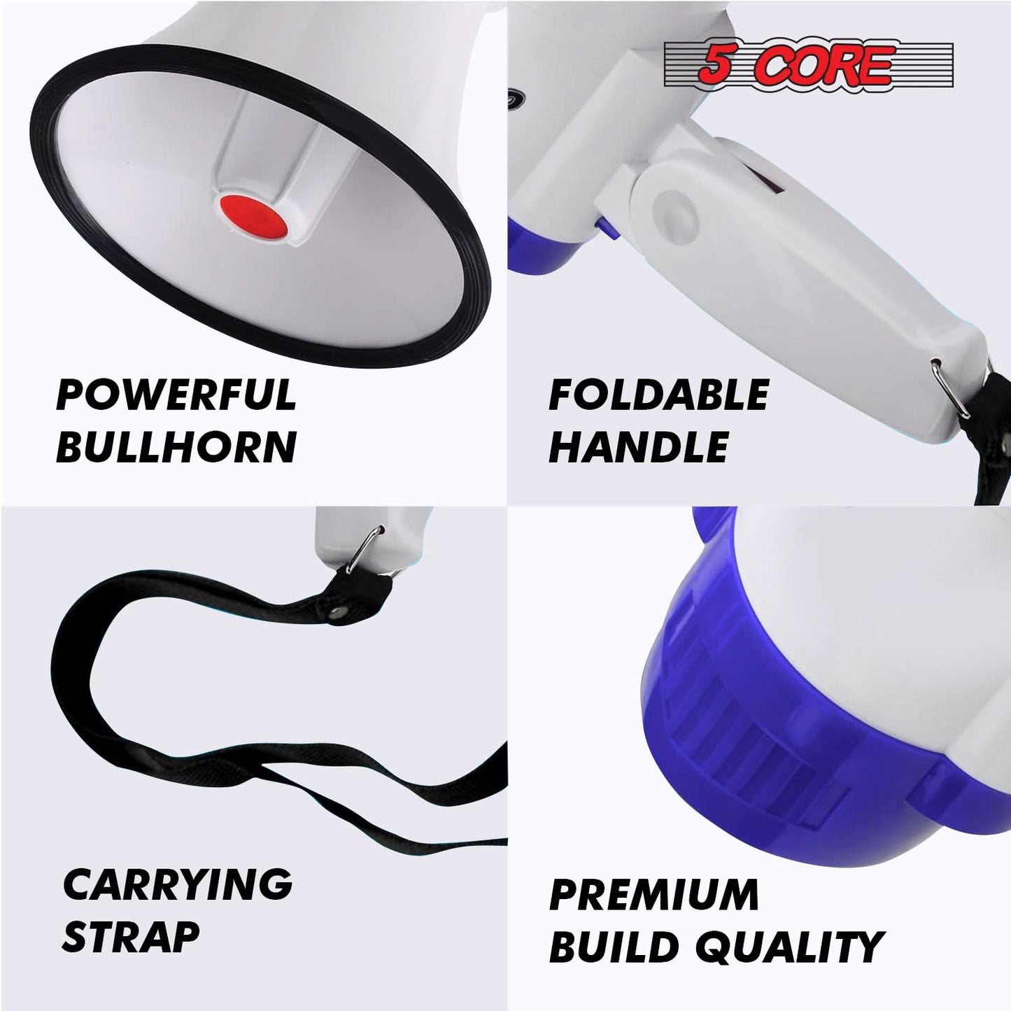 5Core Megaphone Bullhorn Speaker 30W Mini Bull Horn Battery Power Megafono 800 Feet USB-4