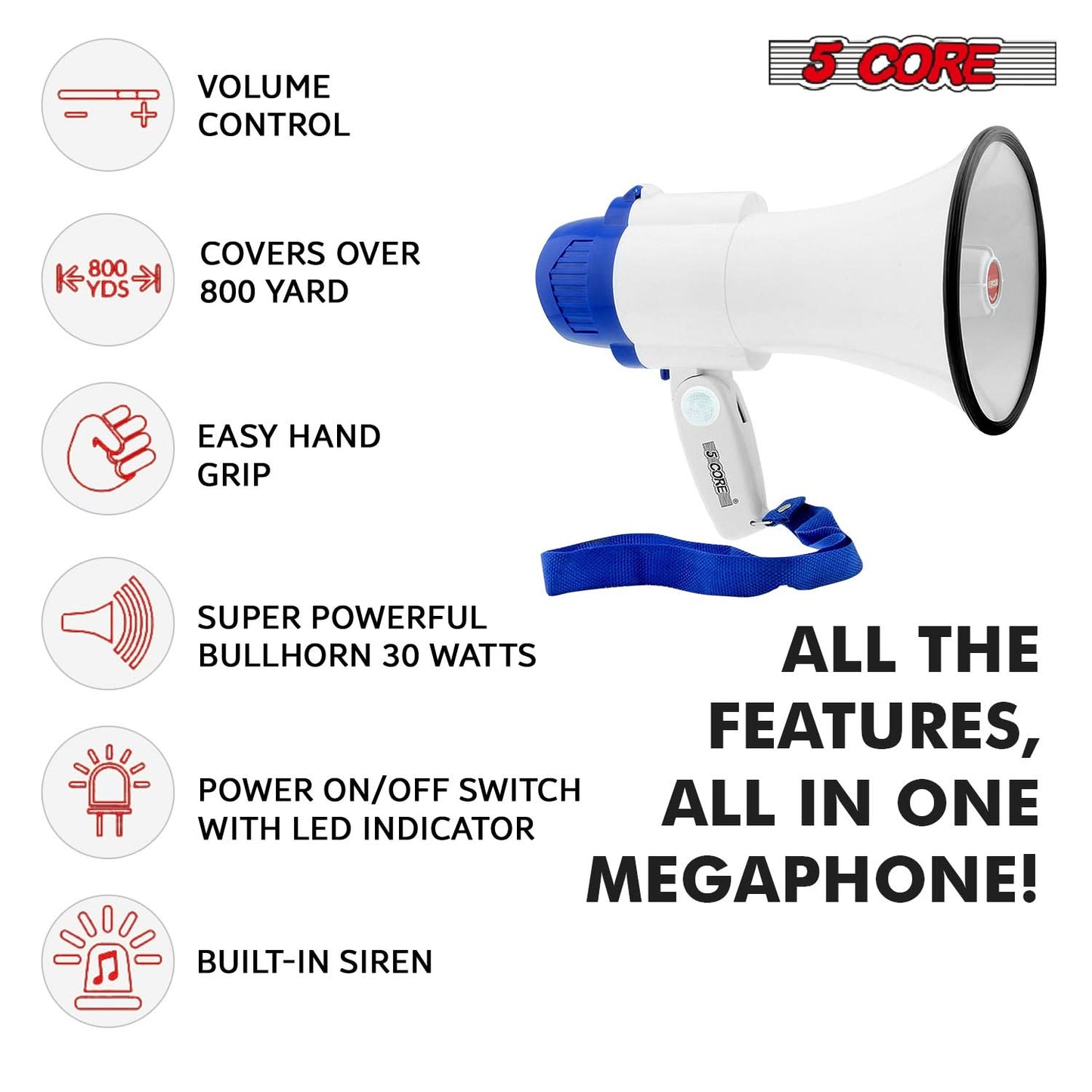 5Core Megaphone Bullhorn Speaker 30W Mini Bull Horn Battery Power Megafono 800 Feet USB BATTERY-3