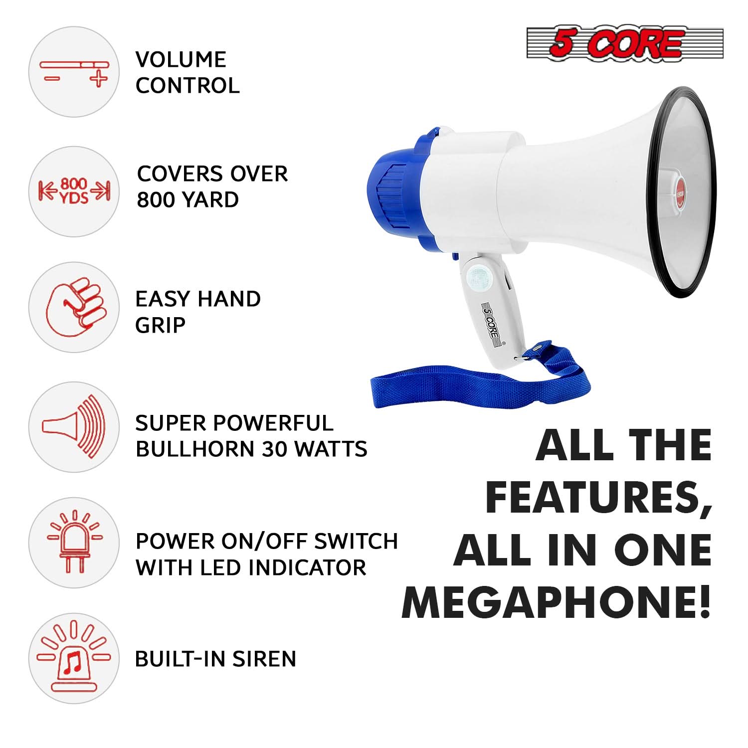 5Core Megaphone Bullhorn Speaker 30W Mini Bull Horn Battery Power Megafono 800 Feet USB BATTERY-3
